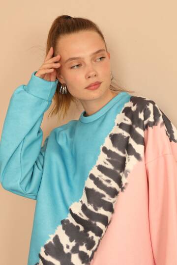 3 İplik Kumaş Uzun Kol Oversize/Salaş Zebra Desen Kadın Takım-Mavi - 2