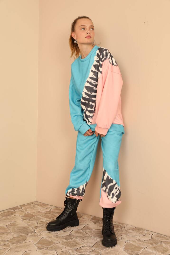 3 İplik Kumaş Uzun Kol Oversize/Salaş Zebra Desen Kadın Takım-Mavi - 3