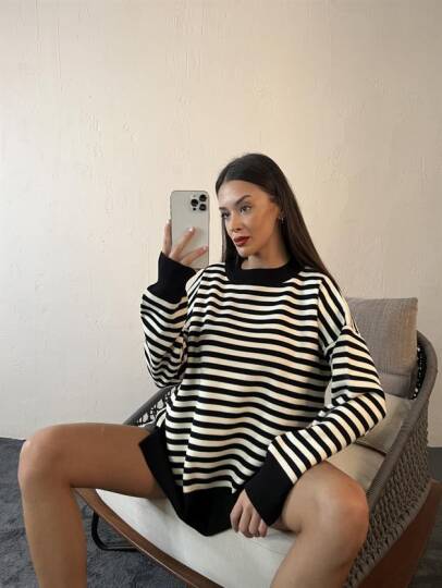 3344 ÇİZGİLİ SALAŞ KAZAK-SİYAH-KREM - 2