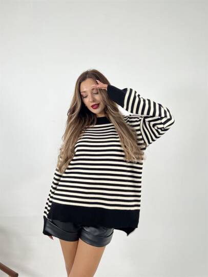 3344 ÇİZGİLİ SALAŞ KAZAK-SİYAH-KREM - 5