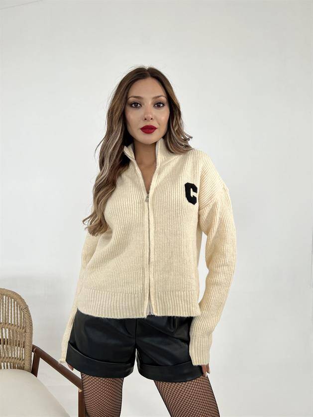 3907 TRİKO ŞARDONLU ARMALI HIRKA-KREM - 4