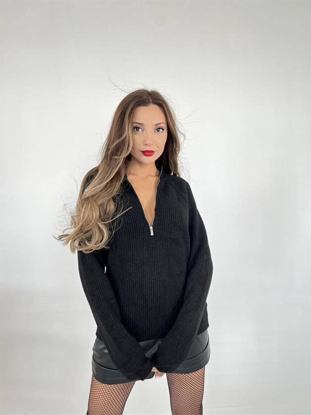 3910 TRİKO FERMUARLI İPLİ KAZAK-SİYAH - 1