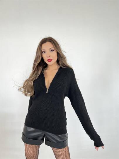 3910 TRİKO FERMUARLI İPLİ KAZAK-SİYAH - 2