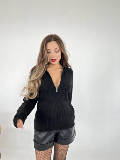 3910 TRİKO FERMUARLI İPLİ KAZAK-SİYAH - 5