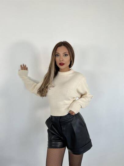 3914 TRİKO GENİŞ KOL CROP KAZAK-KREM - 2