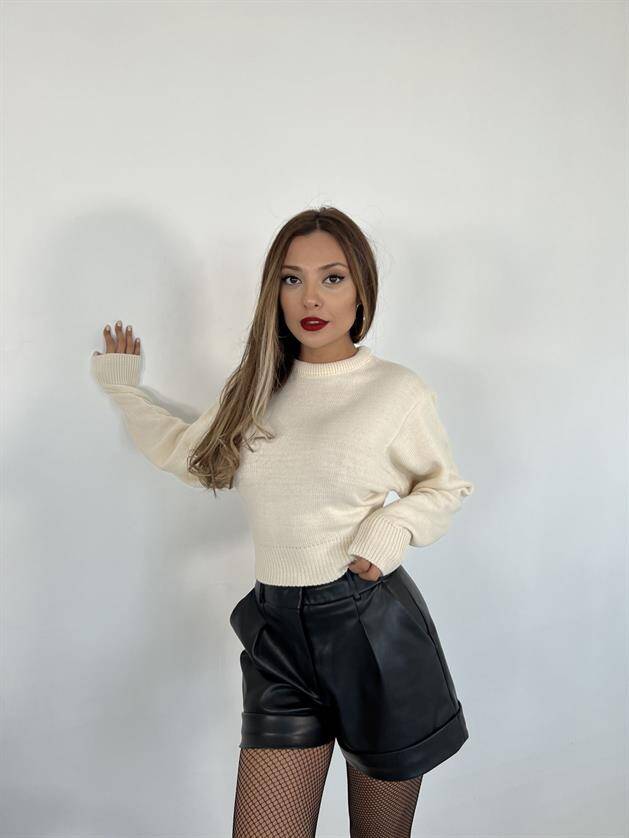 3914 TRİKO GENİŞ KOL CROP KAZAK-KREM - 2