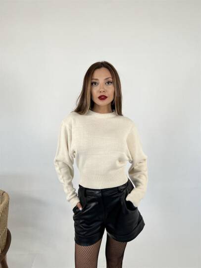 3914 TRİKO GENİŞ KOL CROP KAZAK-KREM - 5