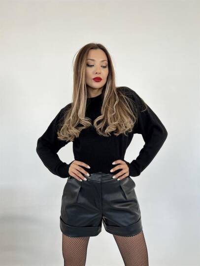 3914 TRİKO GENİŞ KOL CROP KAZAK-SİYAH - 2