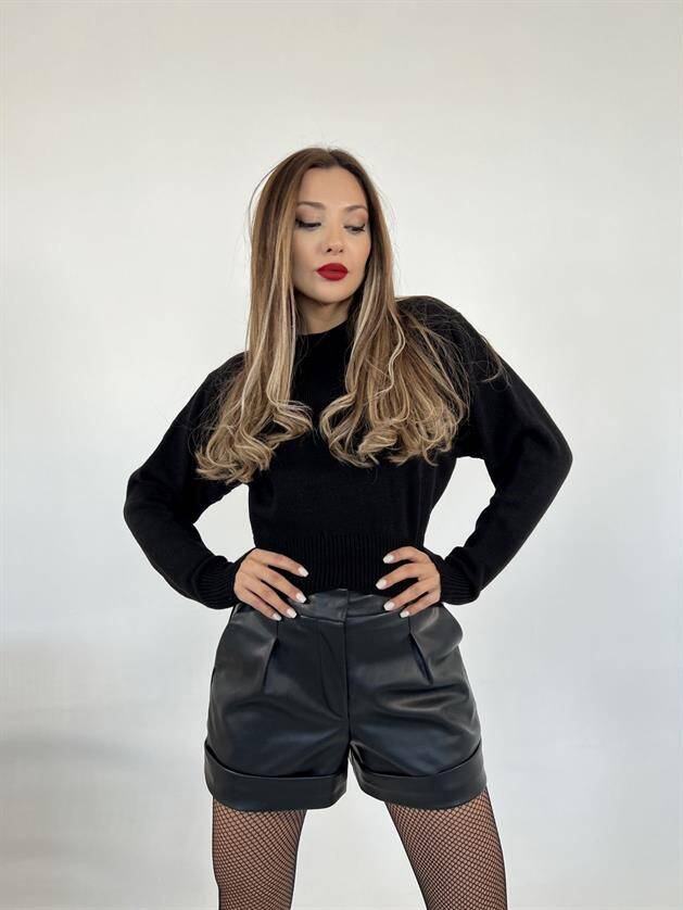 3914 TRİKO GENİŞ KOL CROP KAZAK-SİYAH - 2