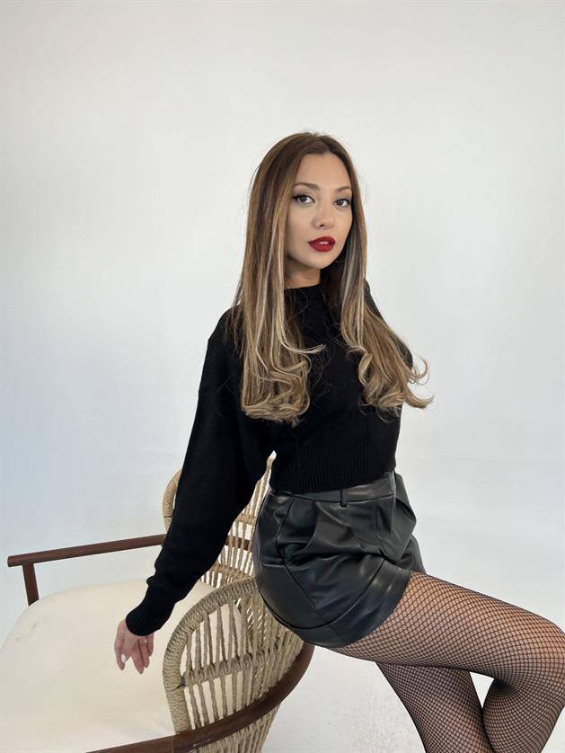 3914 TRİKO GENİŞ KOL CROP KAZAK-SİYAH - 3