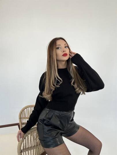 3914 TRİKO GENİŞ KOL CROP KAZAK-SİYAH - 4