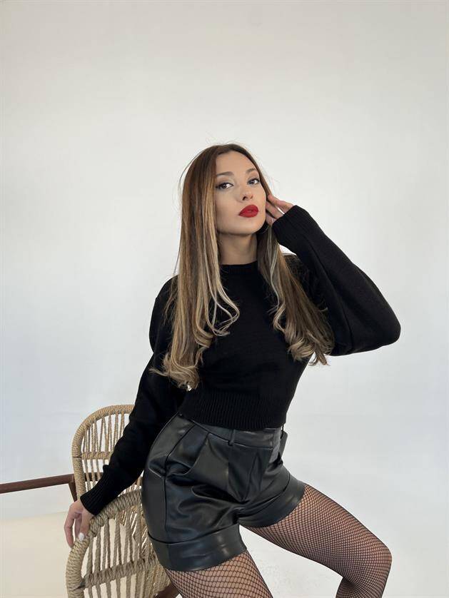 3914 TRİKO GENİŞ KOL CROP KAZAK-SİYAH - 4