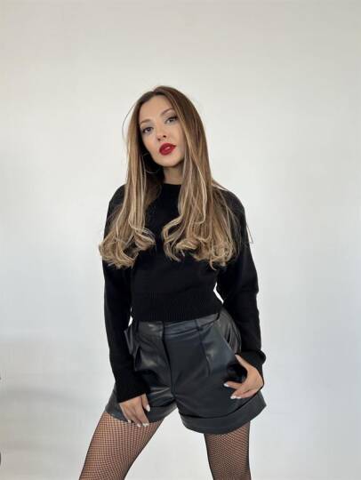 3914 TRİKO GENİŞ KOL CROP KAZAK-SİYAH - 5