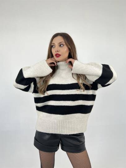 3941 ÇİZGİLİ ŞARDON KAZAK-KREM-SİYAH - 2