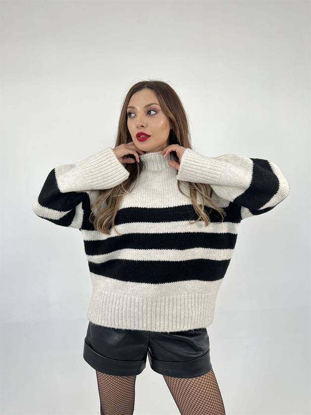 3941 ÇİZGİLİ ŞARDON KAZAK-KREM-SİYAH - 2