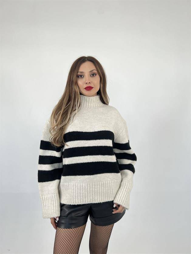 3941 ÇİZGİLİ ŞARDON KAZAK-KREM-SİYAH - 4