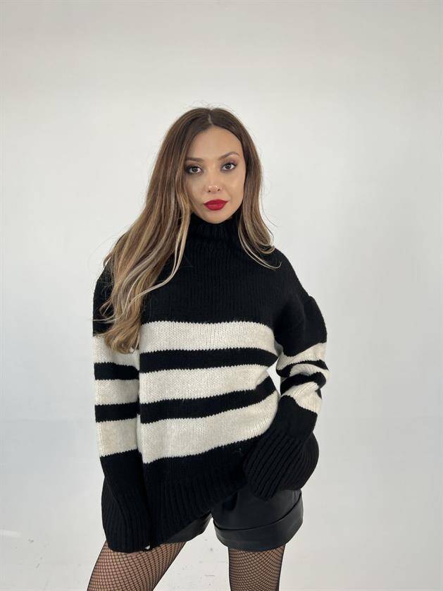 3941 ÇİZGİLİ ŞARDON KAZAK-SİYAH-KREM - 1