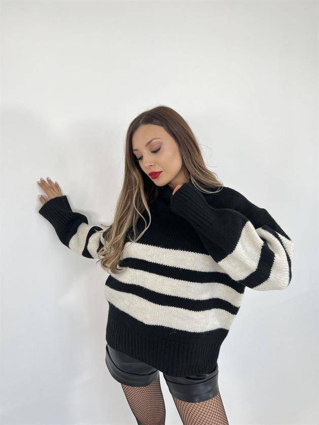 3941 ÇİZGİLİ ŞARDON KAZAK-SİYAH-KREM - 4