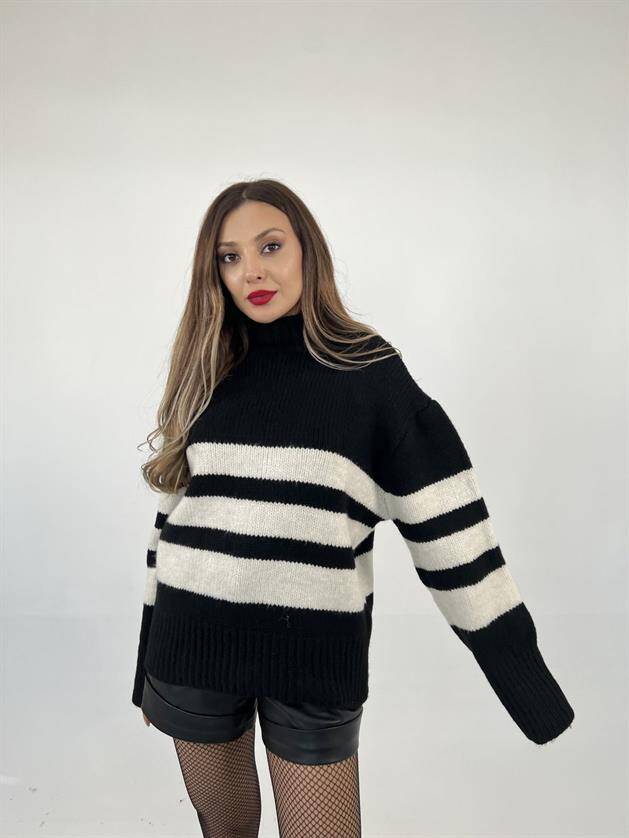 3941 ÇİZGİLİ ŞARDON KAZAK-SİYAH-KREM - 5