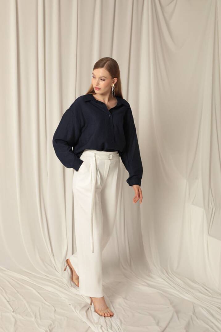 Aerobin Kumaş Basıc Kadın Lacivert Gömlek - 3