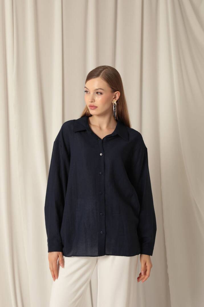 Aerobin Kumaş Basıc Kadın Lacivert Gömlek - 4
