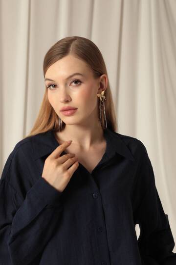 Aerobin Kumaş Basıc Kadın Lacivert Gömlek - 5