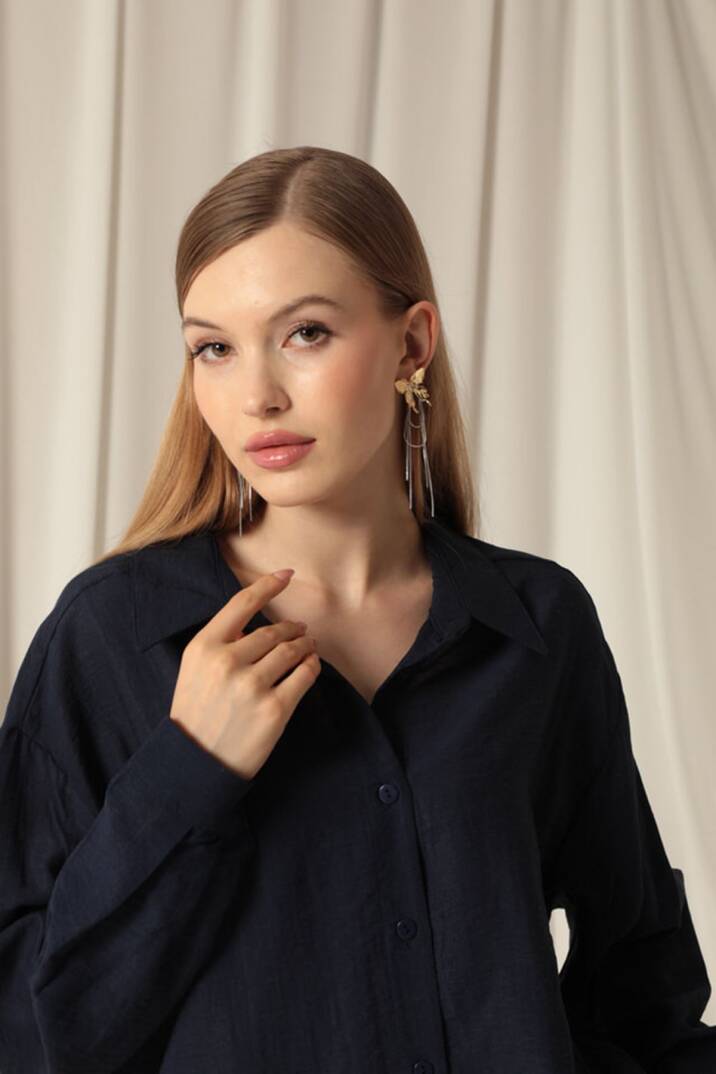 Aerobin Kumaş Basıc Kadın Lacivert Gömlek - 5