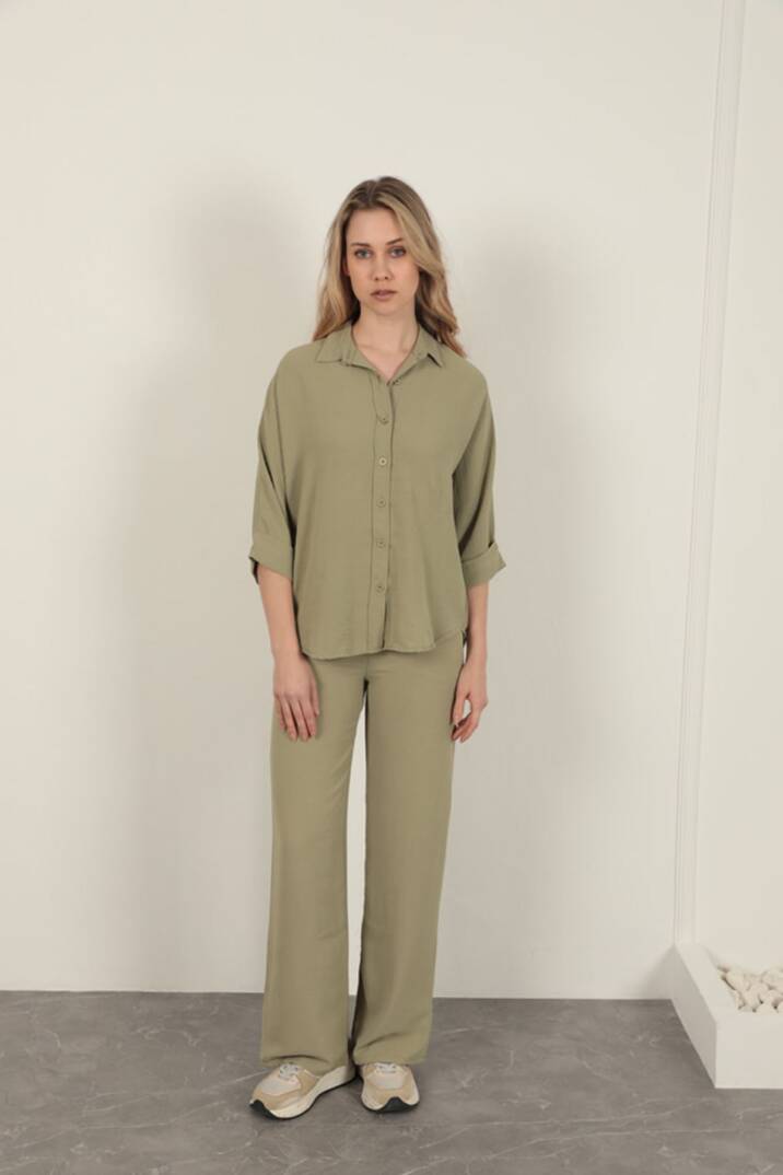 Aerobin Kumaş Düğmeli Kadın Gömlek-Haki - 2