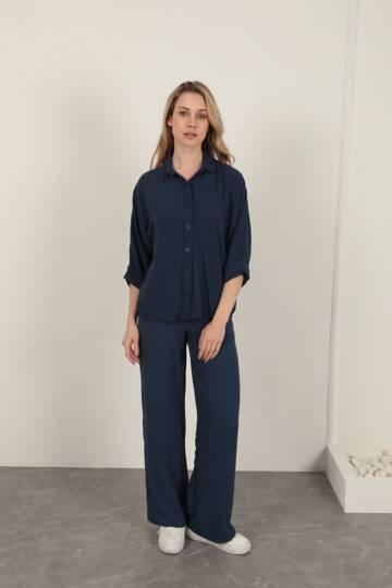Aerobin Kumaş Düğmeli Kadın Gömlek-Lacivert - 2