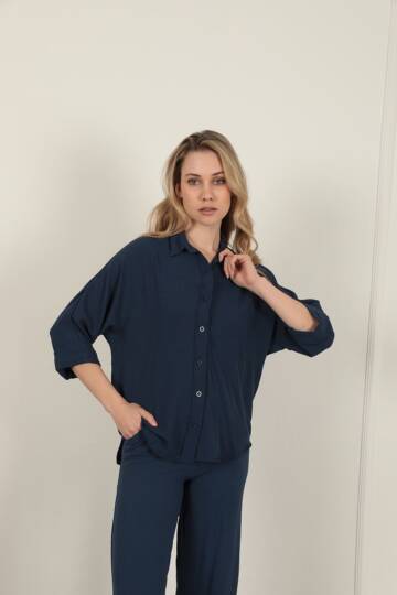 Aerobin Kumaş Düğmeli Kadın Gömlek-Lacivert - 3