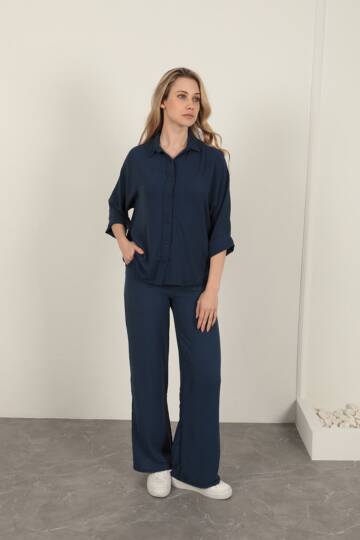 Aerobin Kumaş Düğmeli Kadın Gömlek-Lacivert - 4