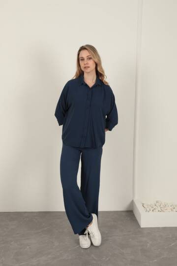 Aerobin Kumaş Düğmeli Kadın Gömlek-Lacivert - 5