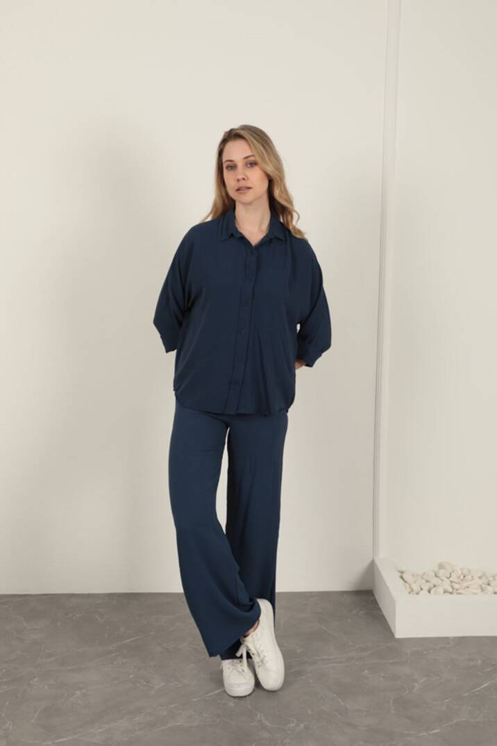 Aerobin Kumaş Düğmeli Kadın Gömlek-Lacivert - 5