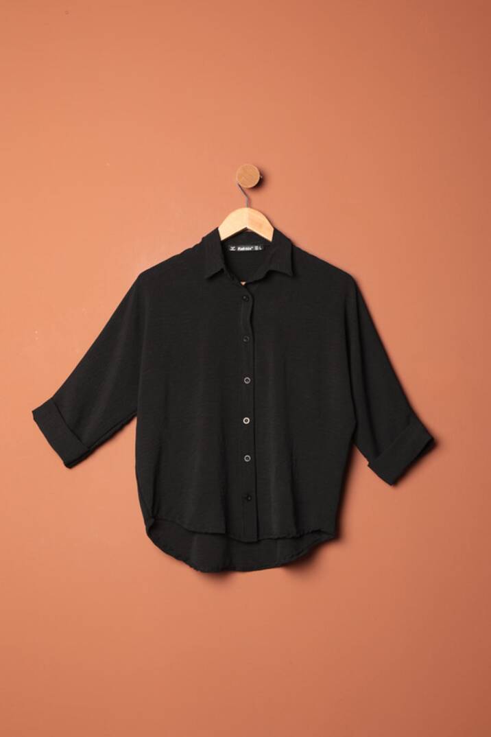 Aerobin Kumaş Düğmeli Kadın Gömlek-Siyah - 1