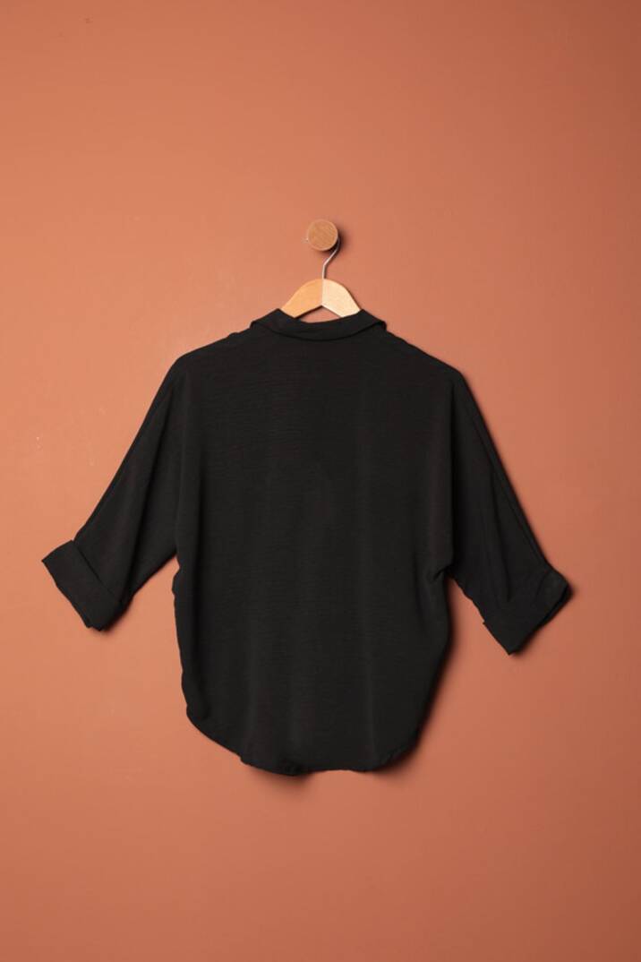 Aerobin Kumaş Düğmeli Kadın Gömlek-Siyah - 2