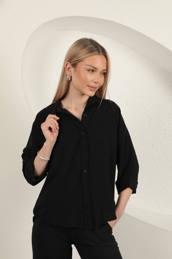 Aerobin Kumaş Düğmeli Kadın Gömlek-Siyah - 3