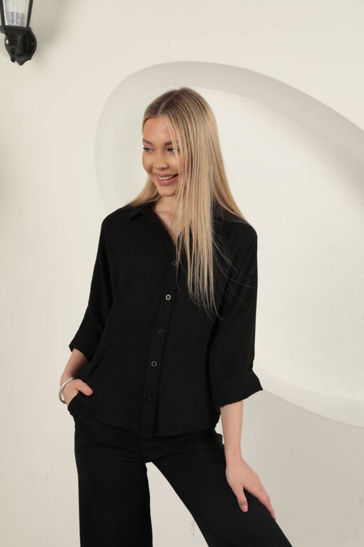 Aerobin Kumaş Düğmeli Kadın Gömlek-Siyah - 5