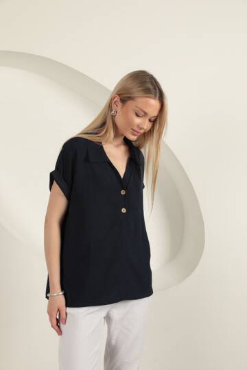 Aerobin Kumaş Kadın Gömlek-Lacivert - 5