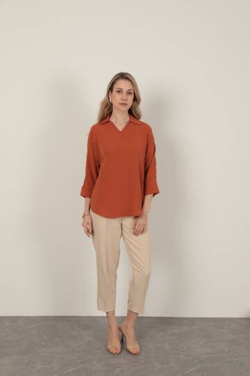 Aerobin Kumaş V Gömlek Yaka Kadın Gömlek-Kiremit - 2