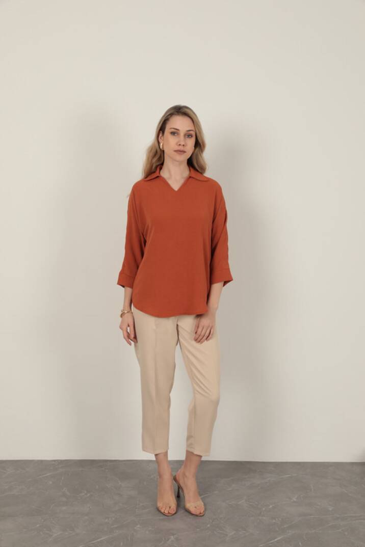 Aerobin Kumaş V Gömlek Yaka Kadın Gömlek-Kiremit - 2