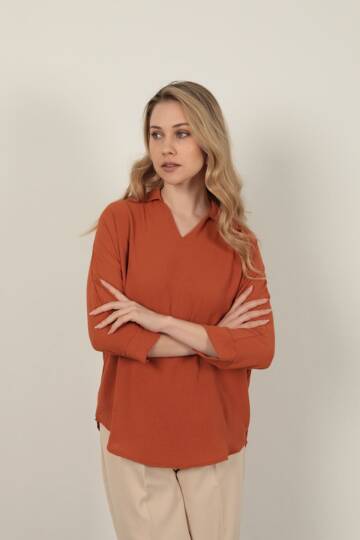 Aerobin Kumaş V Gömlek Yaka Kadın Gömlek-Kiremit - 5