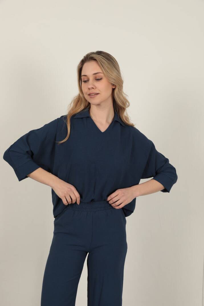 Aerobin Kumaş V Gömlek Yaka Kadın Gömlek-Lacivert - 3