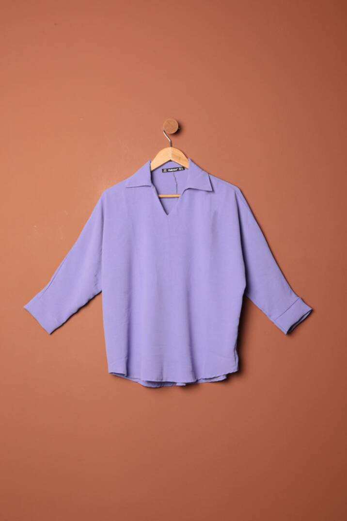 Aerobin Kumaş V Gömlek Yaka Kadın Gömlek-Lila - 1