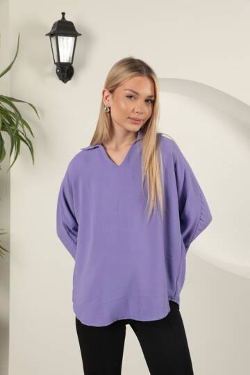 Aerobin Kumaş V Gömlek Yaka Kadın Gömlek-Lila - 3