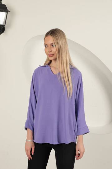 Aerobin Kumaş V Gömlek Yaka Kadın Gömlek-Lila - 5