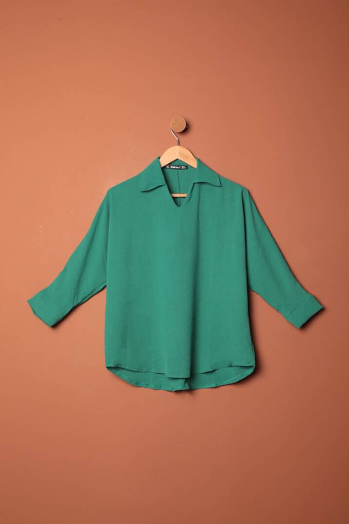 Aerobin Kumaş V Gömlek Yaka Kadın Gömlek-Yeşil - 1