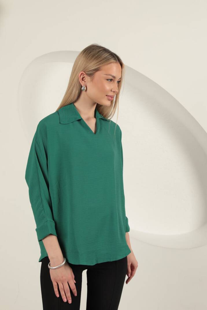 Aerobin Kumaş V Gömlek Yaka Kadın Gömlek-Yeşil - 3