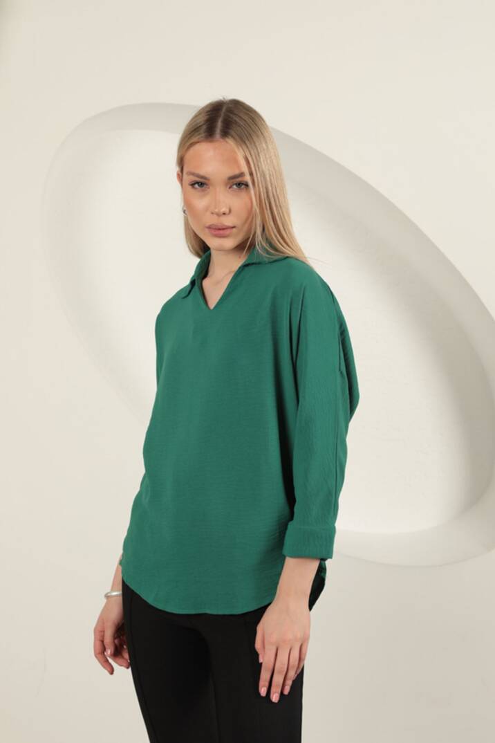 Aerobin Kumaş V Gömlek Yaka Kadın Gömlek-Yeşil - 4