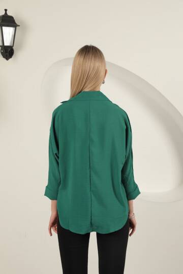 Aerobin Kumaş V Gömlek Yaka Kadın Gömlek-Yeşil - 5