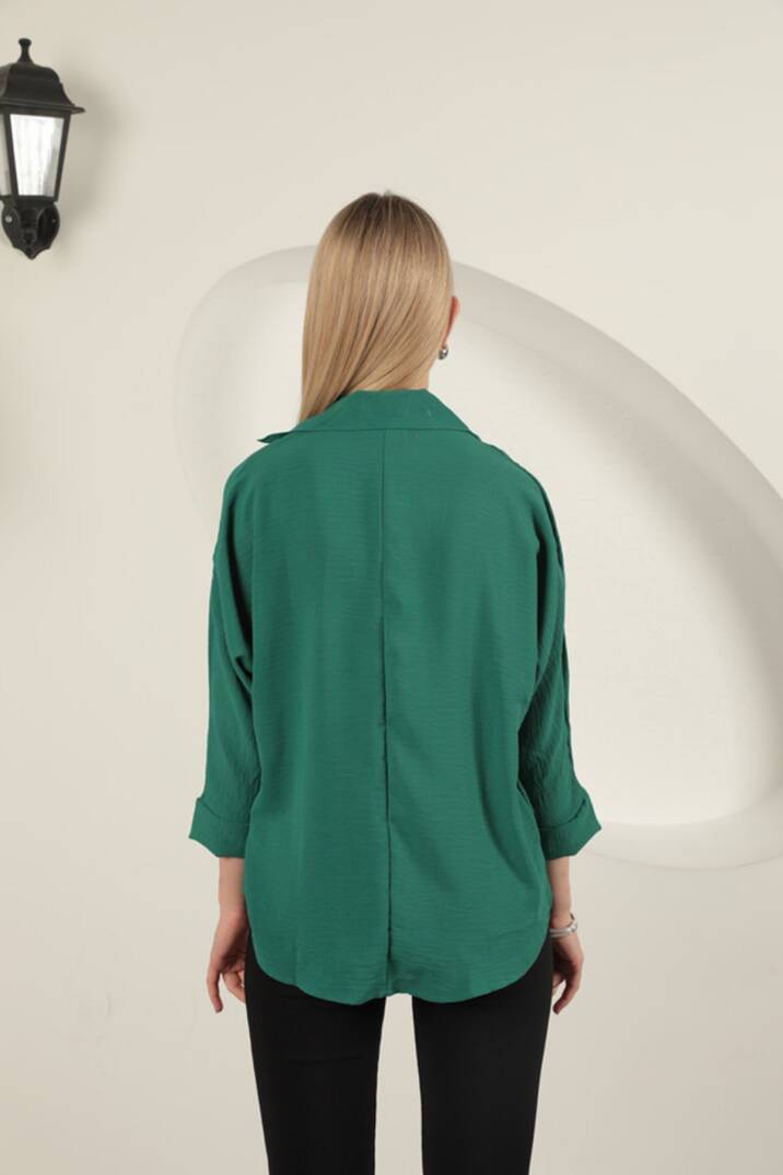 Aerobin Kumaş V Gömlek Yaka Kadın Gömlek-Yeşil - 5